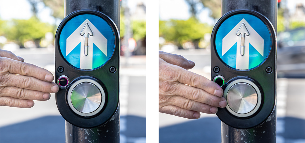 BRAUMS Touch-Less Pedestrian Push Button with infrared sensor not engaged (left) and engaged (right) BRAUMS Touch-Less Pedestrian Push Button with infrared sensor not engaged (left) and engaged (right)